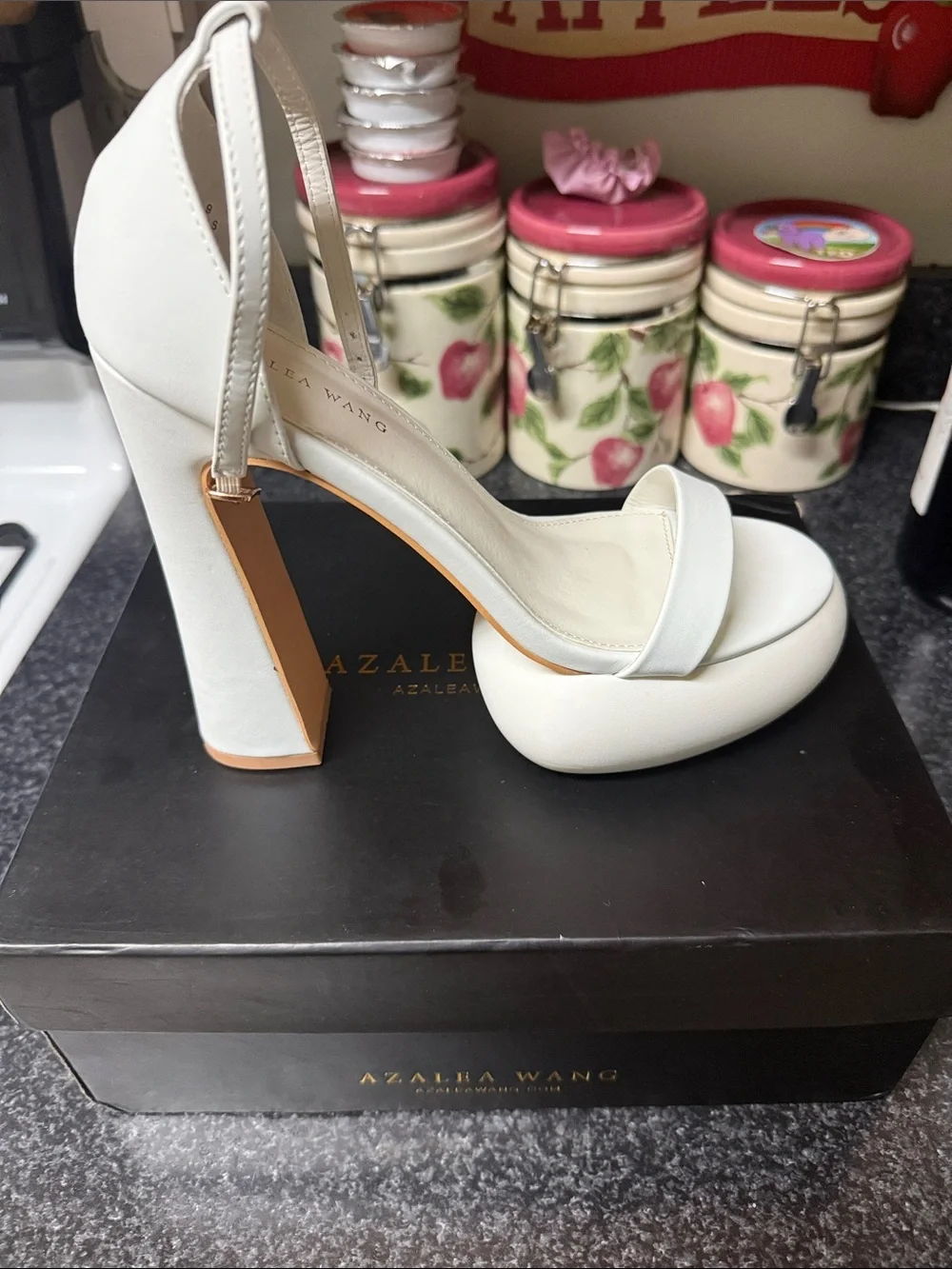 Azalea Wang White Platform Block Heel Sandal with Ankle Strap